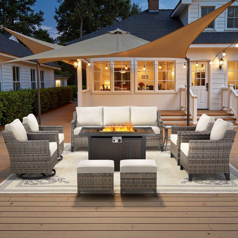 Glissia 9-Piece Gray Wicker Fire Pit Conversation Set with Wicker fire pit