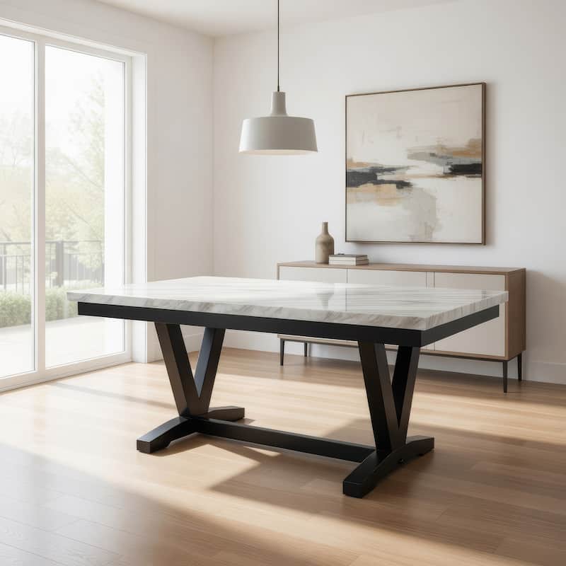 Oliver 72 Inch Dining Table With Faux Carrara Marble Top, White and Black