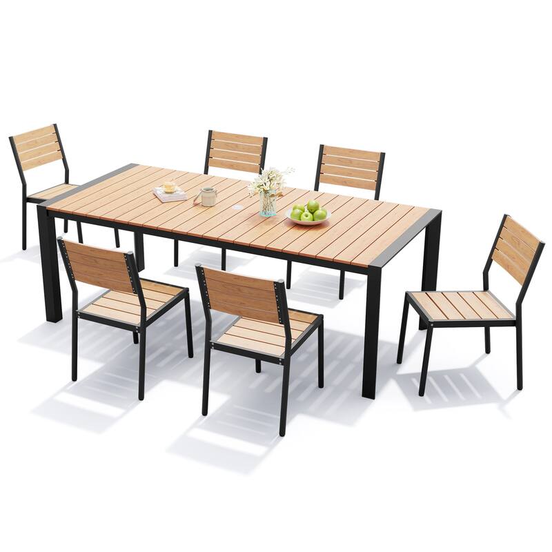 Outdoor 7-Piece Patio Dining Set Stackable Chairs and Dining Table with Umbrella Hole - Brown