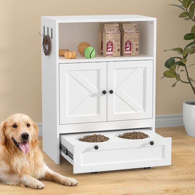 Anmytek 32" High Dog Feeding Station with 2 Elevated Bowls and Storage Cabinet for Cats and Dogs