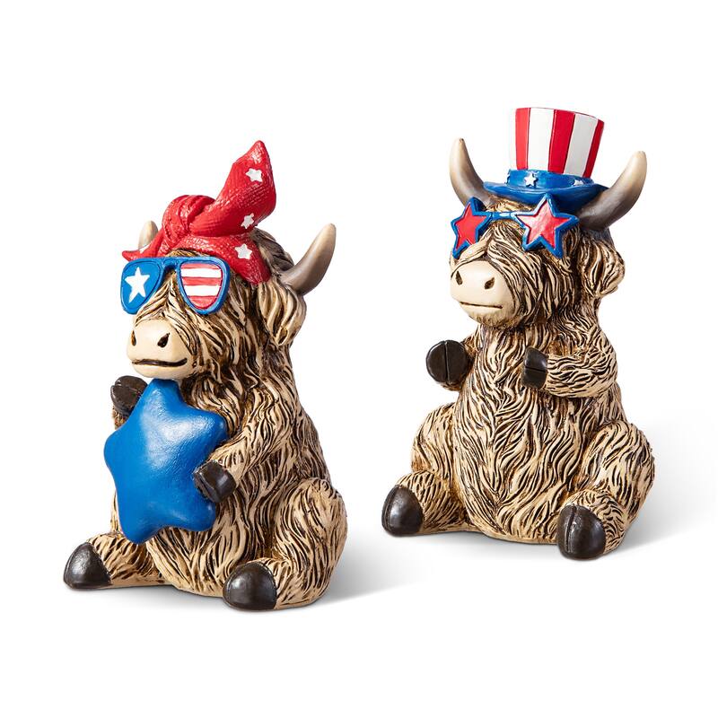 Glitzhome Set of 2 Patriotic July 4th Resin Highland Cows Table Decor
