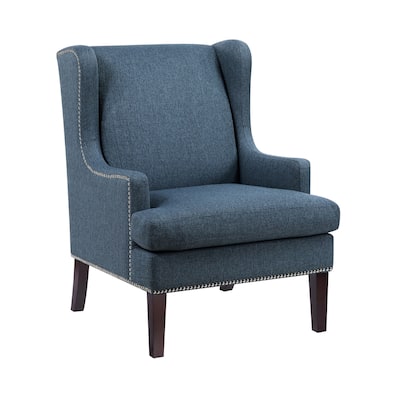 Rossana Accent Wing Armchair, Blue Polyester, Brown Wood, Nailhead
