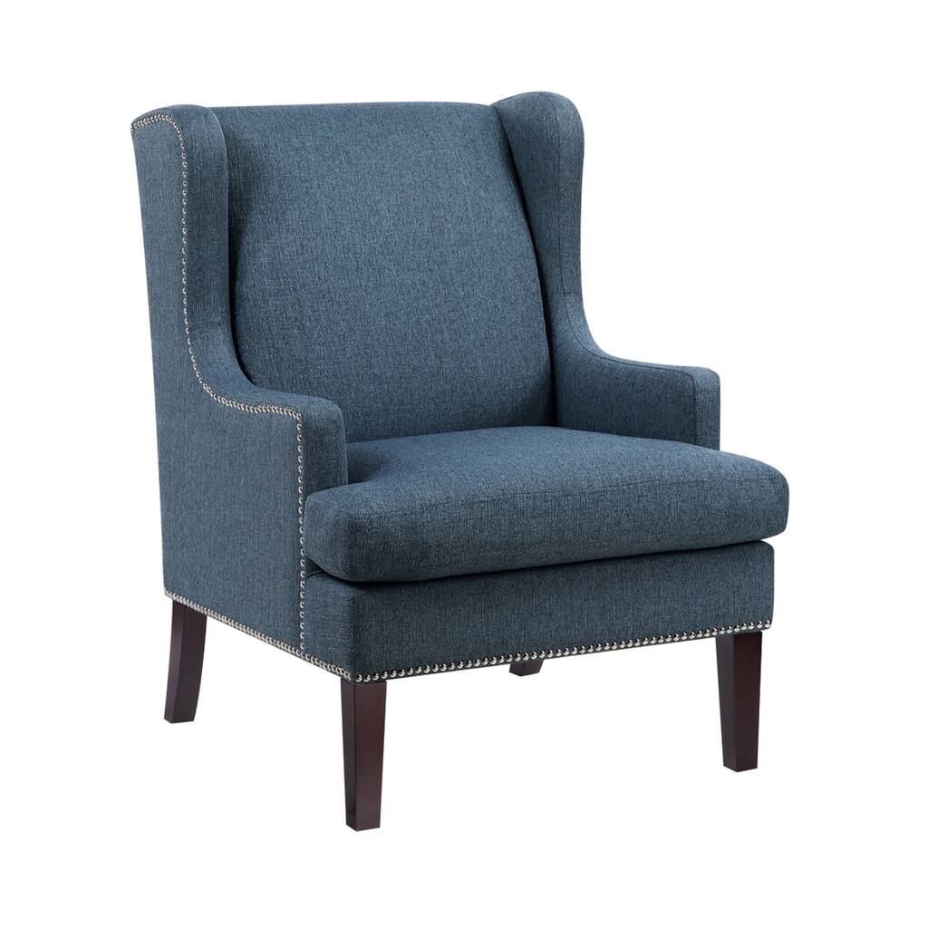 Rossana Accent Wing Armchair, Blue Polyester, Brown Wood, Nailhead