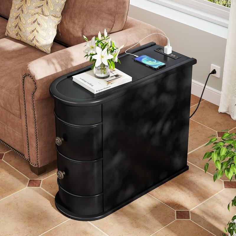 Solid Wood End Table, Two-Drawer Narrow Side Table, Fully Assembled