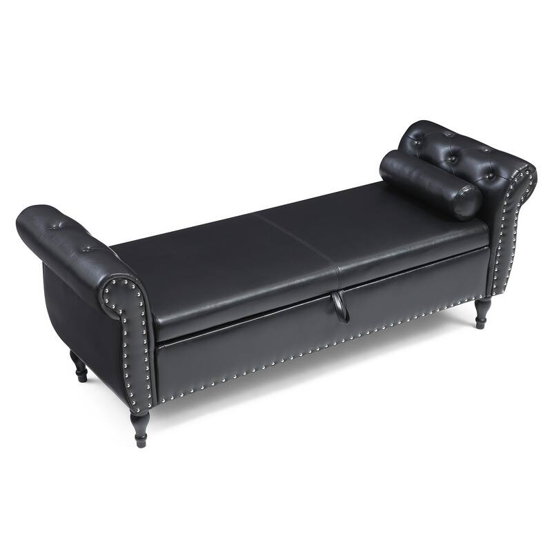 63" PU Upholstered End of Bed Bench Flip Top Entryway Ottoman with Safety Hinge Storage Rectangular Sofa Stool Buttons