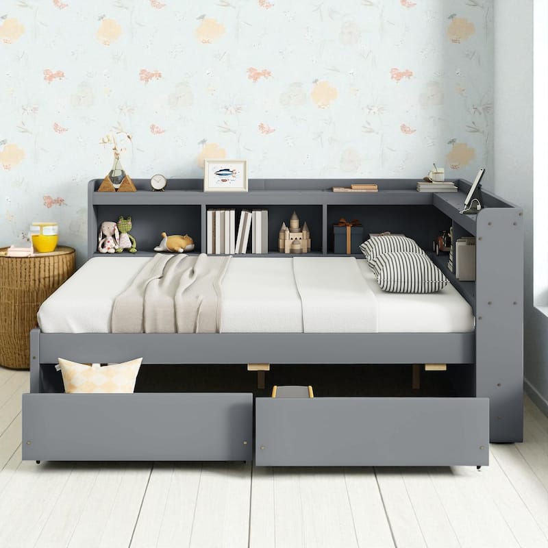 Full Size Bed with L-Shaped Bookcases, Power Outlets, USB Ports and 2 Storage Drawers - Grey - Full
