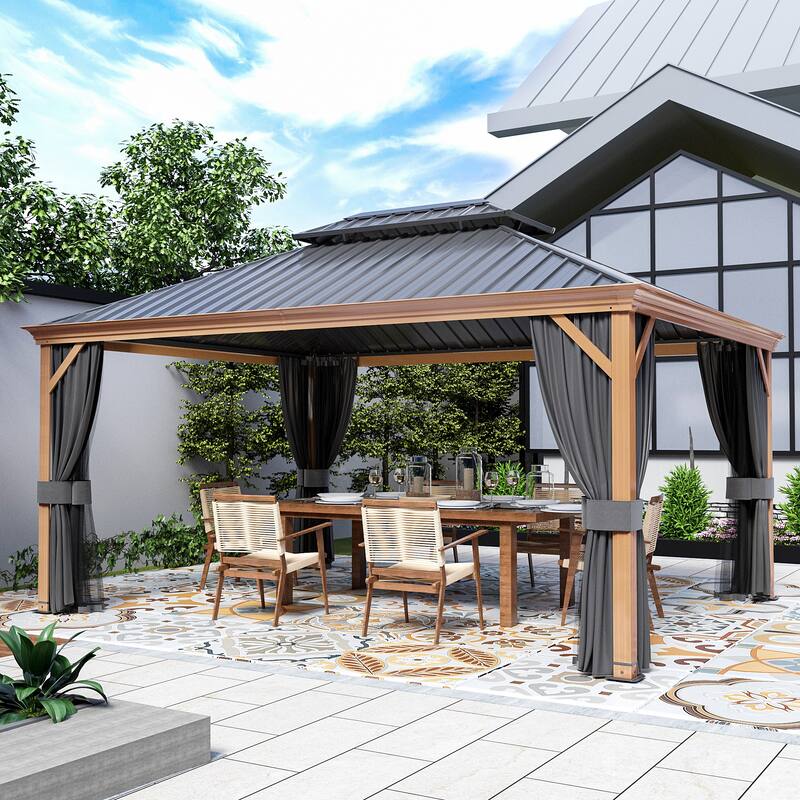 12x16ft Outdoor Double-Roof Aluminum Gazebo with Curtains and Mosquito Netting