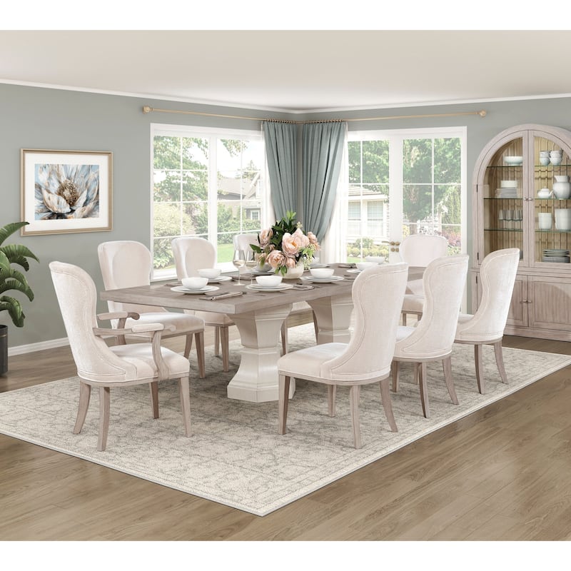 Modern Dining Set Extendable Table Armchairs Side Chairs Ivory Fabric Upholstered Furniture
