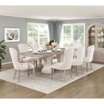 Modern Dining Set Extendable Table Armchairs Side Chairs Ivory Fabric Upholstered Furniture