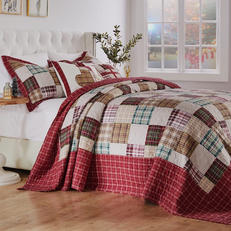 Greenland Home Oxford Quilted Bedspread Set, Traditional Plaid, Cotton