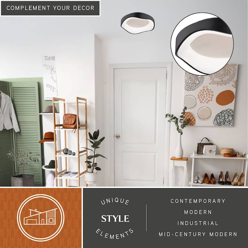 Bowen 1-Light Black Modern Round LED Flush Mount Lighting Fixture, White Frosted Shade Low Ceilings, Hallway, Kitchen