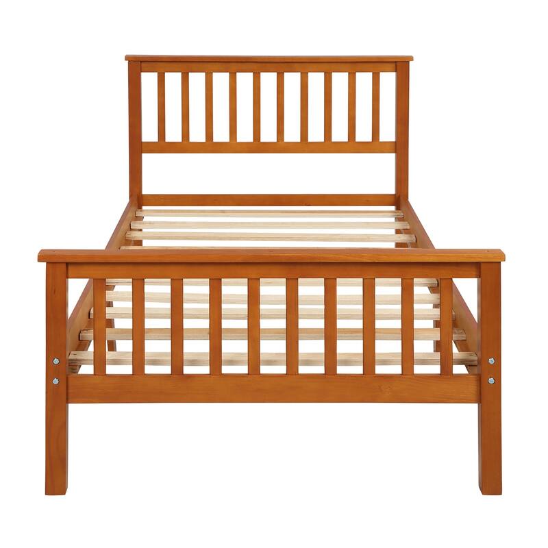 Wood Platform Bed Twin Size Slat Bed Frame with Fence-shaped Hollow Headboard, Footboard and Solid Wood Slat Support
