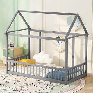 Twin Floor Bed with Roof Frame and Guardrails