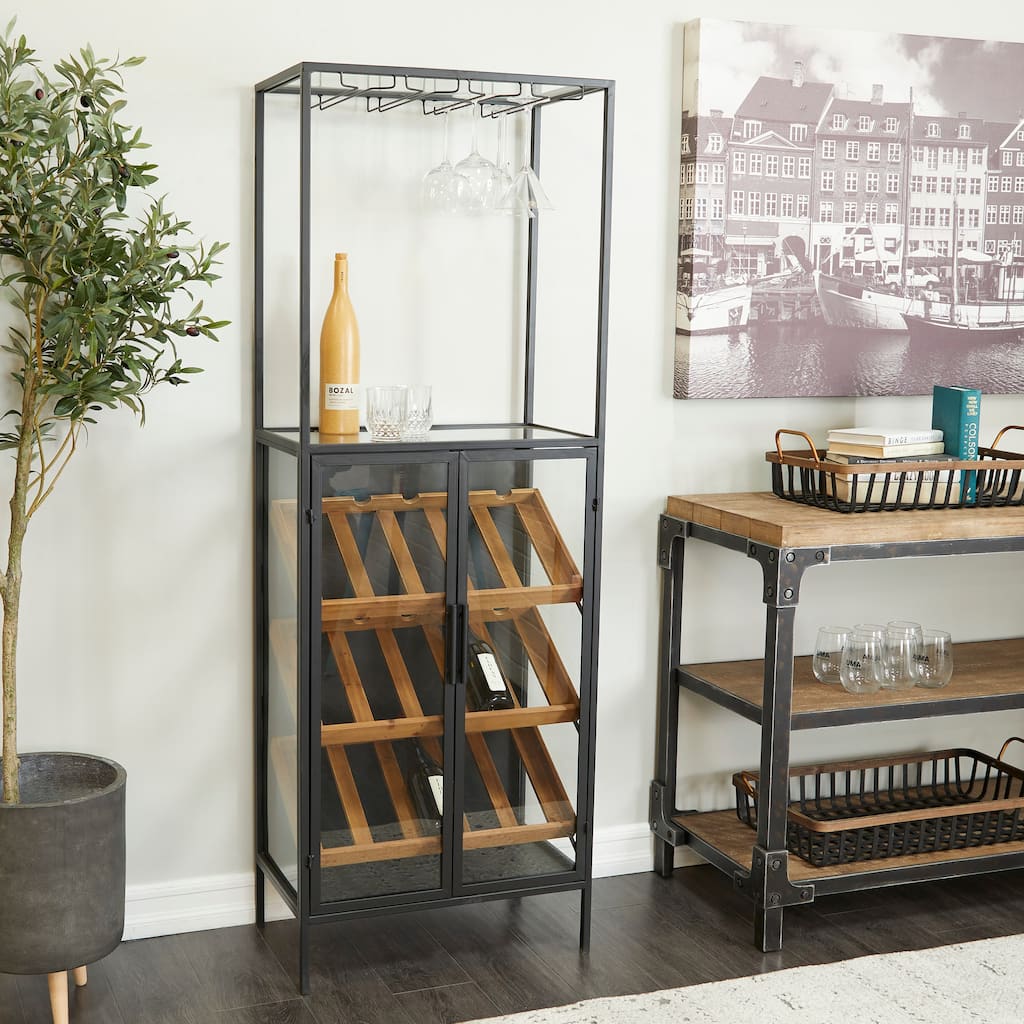 Black Wood 15 Bottle Storage Standing Wine Rack with Wine Glass Holders and Wood Accents