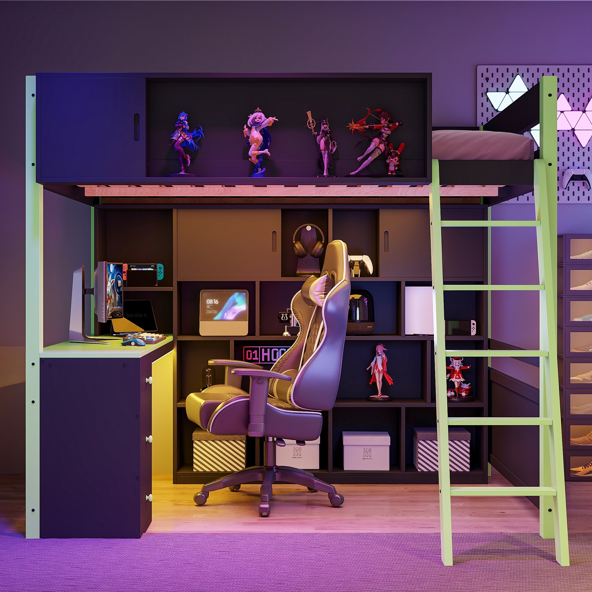 RGB Gaming Loft Bed with Desk, Light Strip, Display Wall, Storage Shelves, Sliding Access Door and Drawers, No Box Spring Needed