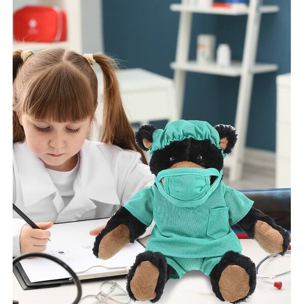 DolliBu Black Bear Doctor Plush Toy with Scrub Uniform and Cap Outfit