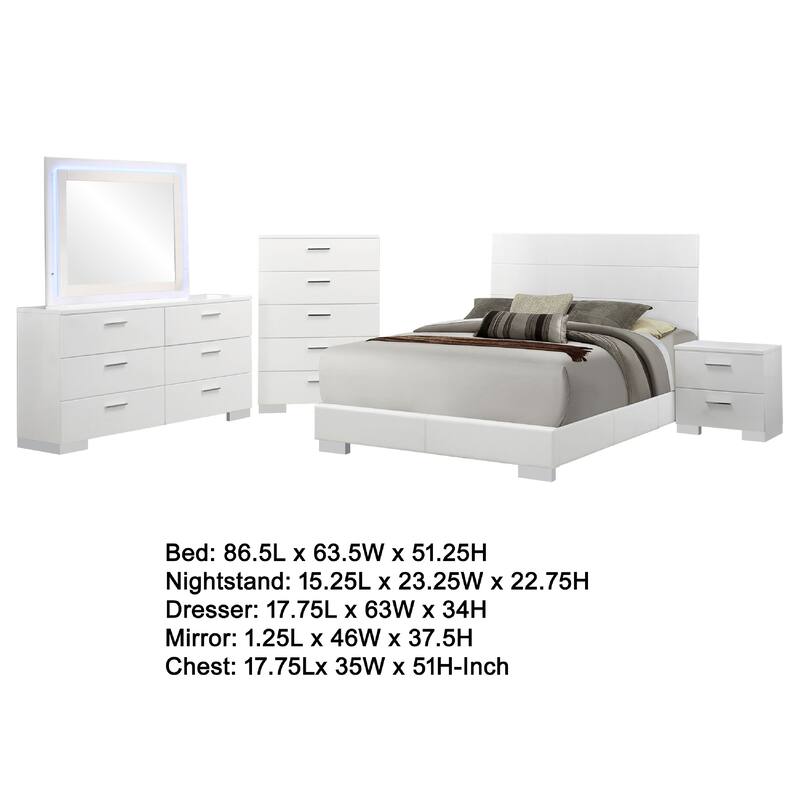 Sok 5pc Queen Bedroom Set, Blue LED Lights, Chrome Metal, White Wood