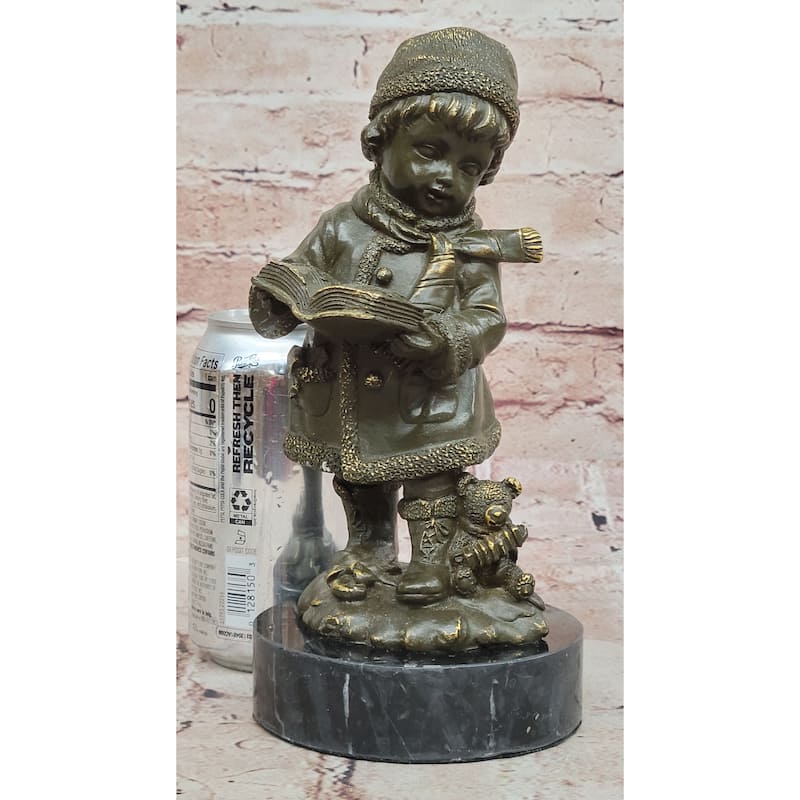 Winter Child Reading Book – Bronze Figurine With Teddy Bear