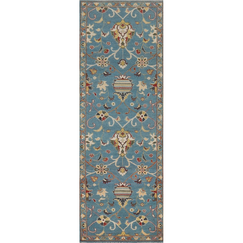 Light Blue Oushak Runner Rug Handmade Transitional Wool Carpet - 2'9" x 9'9"