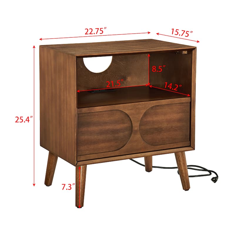 Roomfitters Mid Century Nightstand, Charging Station, Bedside Table, MDF, USB Ports, Storage, Walnut Brown