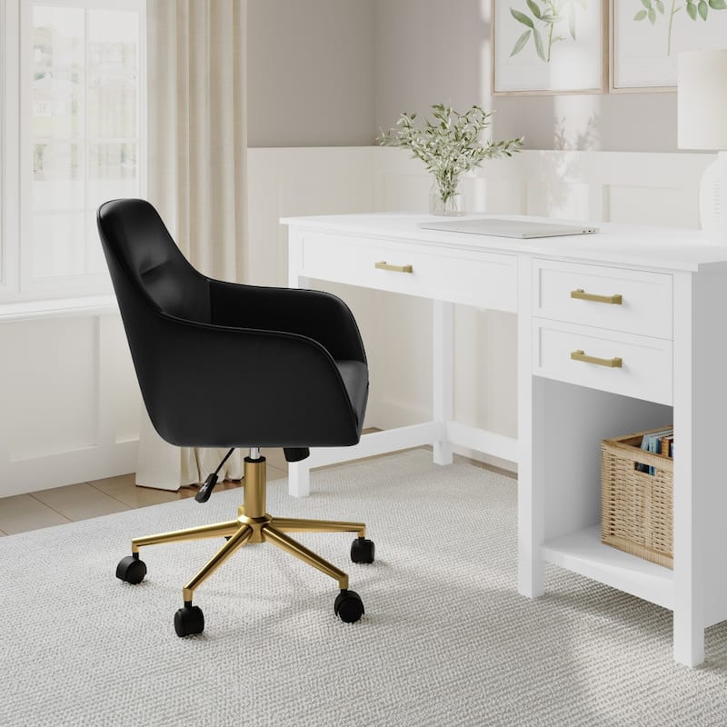 Martha Stewart Rayna Upholstered Swivel Office Chair with Metal Frame - Black Faux Leather/Polished Brass Frame