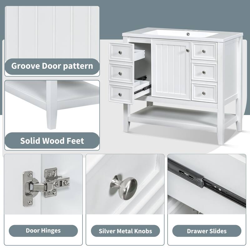 36" Bathroom Vanity with Sink Combo, One Cabinet and Three Drawers, Solid Wood and MDF Board