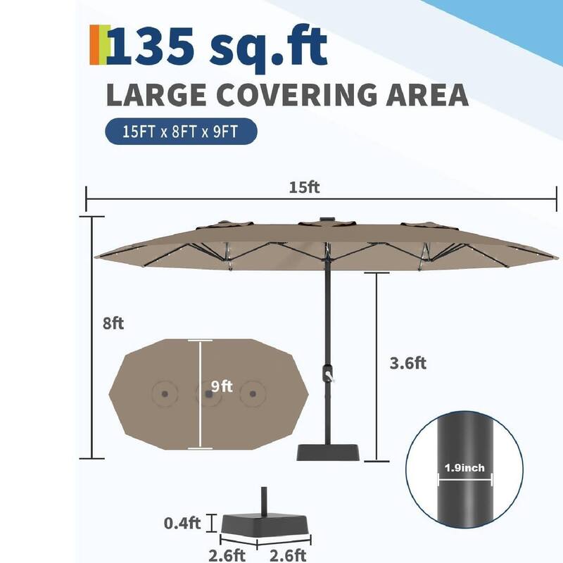 15FT Double-Sided Patio Umbrella with with LED and Base Included for Pool Lawn Garden