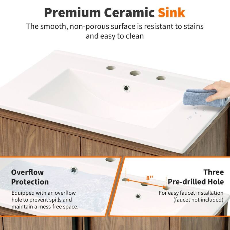 30" Wood Color Bathroom Vanity with Single Sink,Solid Wood Frame