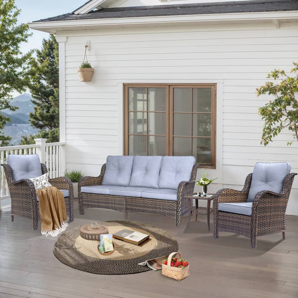 4-piece Brown Wicker Rattan Outdoor Patio Conversation Sofa Seating Sets