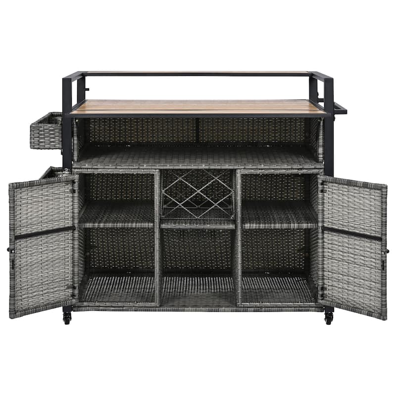 52.8"W Wicker Outdoor Grill cart with Extended Plastic Wood Table Top, Rolling Kitchen Island on Wheels with Storage Cabinet