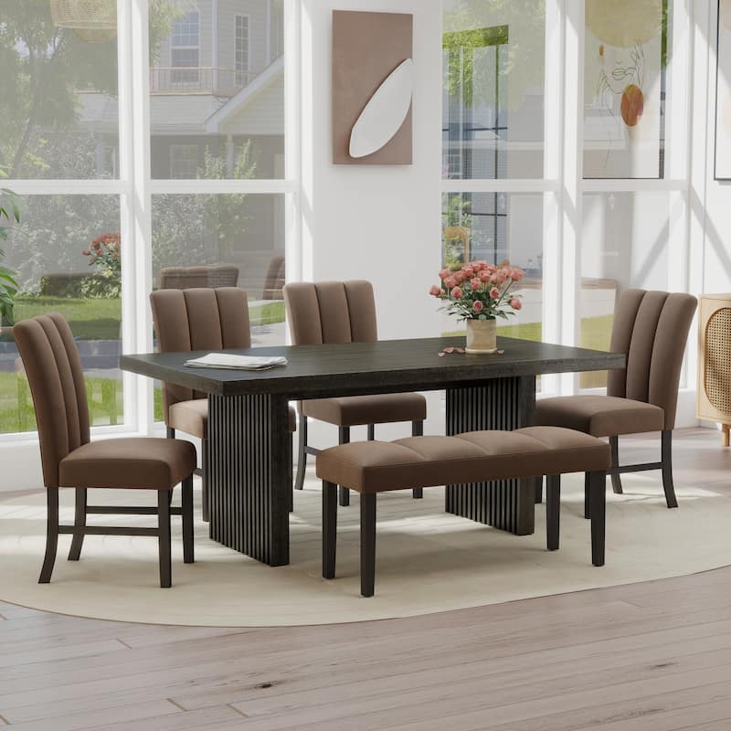 Roundhill Furniture Madison 6-Piece Dining Set, Slat-Fluted Dining Table with 4 Chairs and a Bench, Chocolate