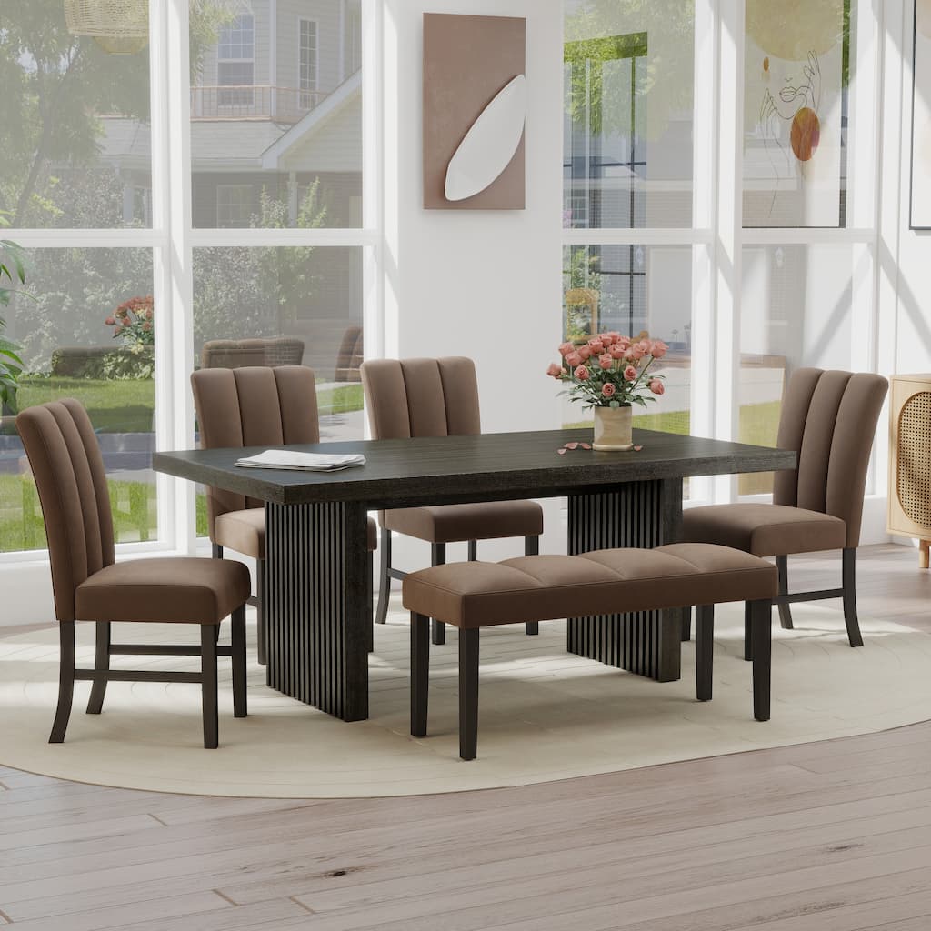 Roundhill Furniture Madison 6-Piece Dining Set, Slat-Fluted Dining Table with 4 Chairs and a Bench, Chocolate