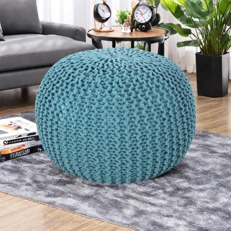 Cotton Knit Weave Pouf Ottoman - Modern Round Footstool with No Assembly Required