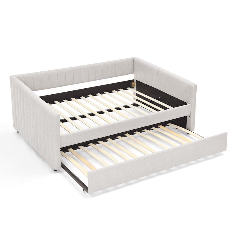 Full Size Daybed with Trundle Upholstered Sofa Bed, with Vertical Stripes, Linen Fabric, Beige (82.5"x58"x30")