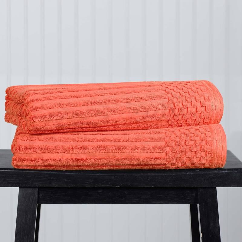 Superior Ribbed Cotton Absorbent Heavyweight Bath Towel Set - 2PC Bath Towels - Coral Orange