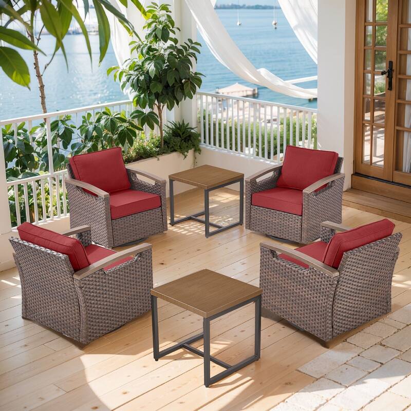 Pocassy Outdoor Brown Wicker Funitre with Cushion Set - Red Cushion - Swivel Chairs Set of 4