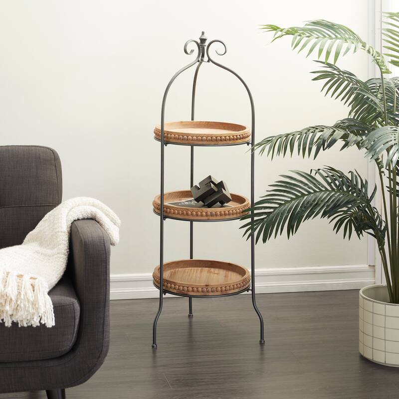 Brown Metal Arched Beaded 3 Shelves Shelving Unit with Scroll Top - Brown