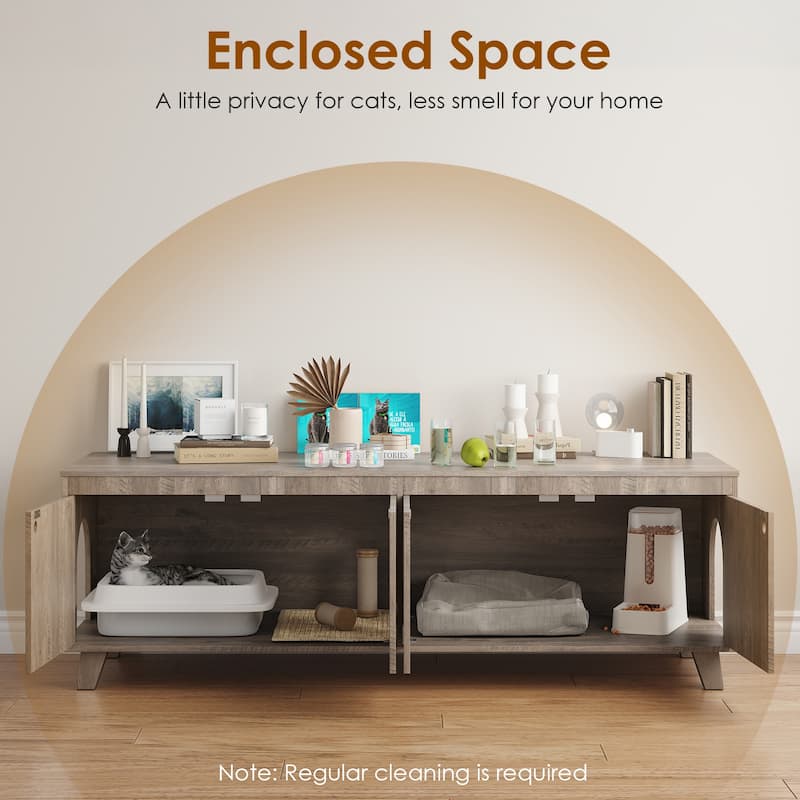 Anmytek Cat Litter Box Enclosure TV Stand Rattan Modern Hidden Furniture Console for Living Room