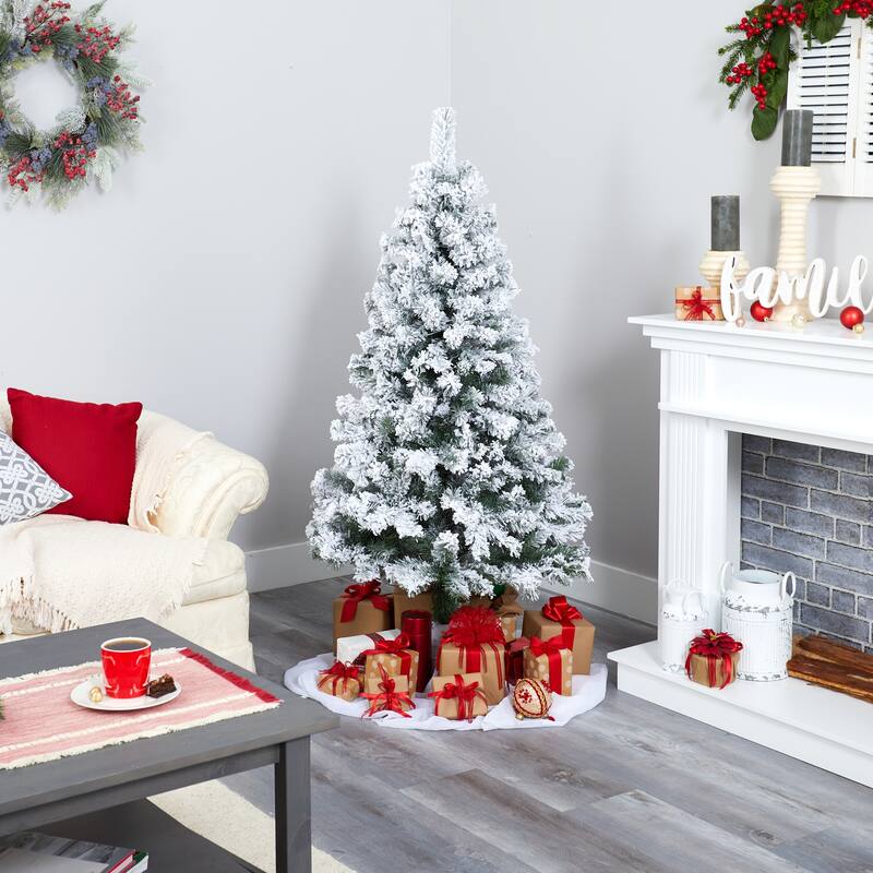 5' Flocked Fir Artificial Christmas Tree, Warm Clear LED Lights - 5 Foot