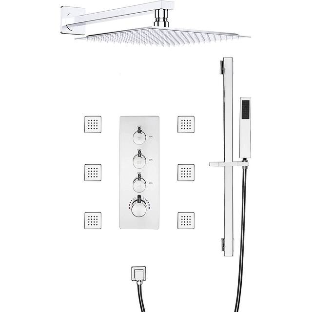12" In Wall Rainfall 3 Way Thermostatic Shower System w/ Slide Bar, 6 Jets - Chrome