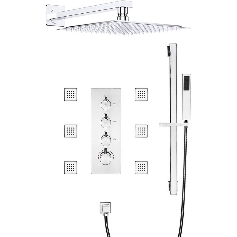 12" In Wall Rainfall 3 Way Thermostatic Shower System w/ Slide Bar, 6 Jets