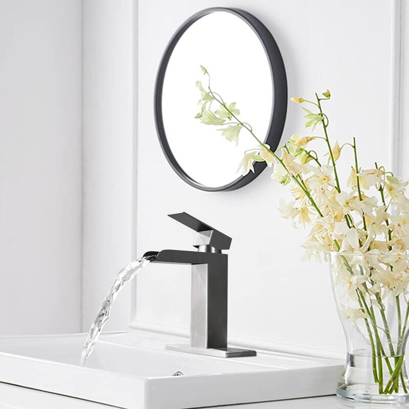 Modern Waterfall Single Handle Bathroom Sink Faucet with Overflow Pop Up Drain, Anti Corrosion and Rust Resistant - Off-White