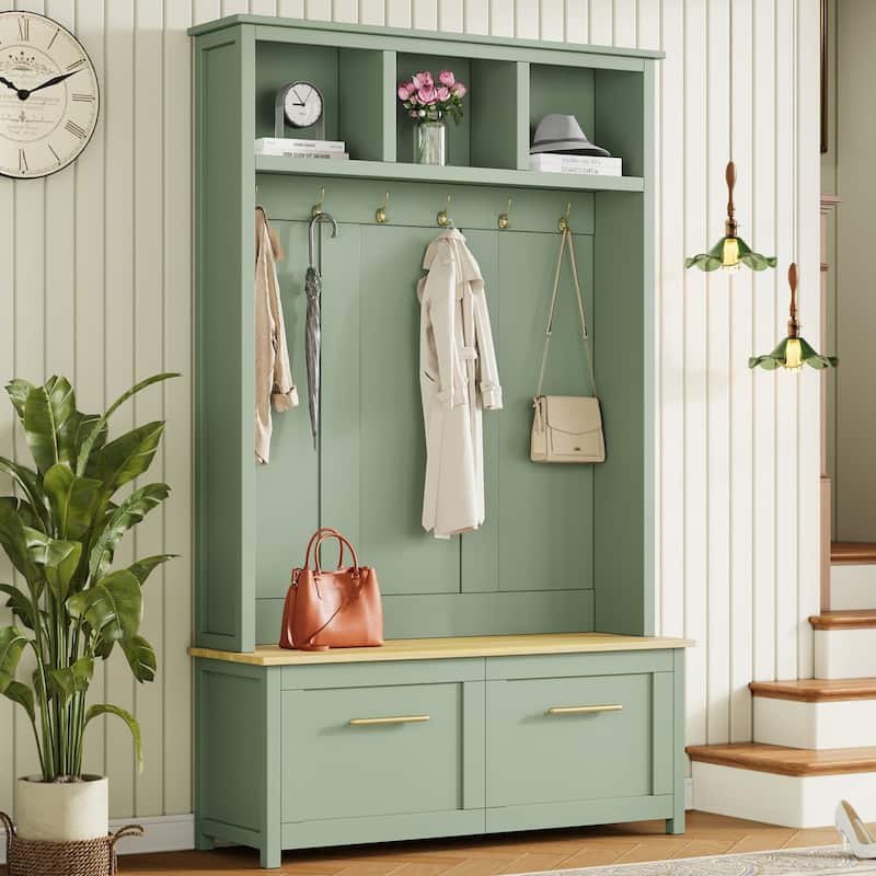 4-in-1 Hall Tree with 6 Golden Hooks Wooden Bench 2 Drawers for Entryway - Mint Green