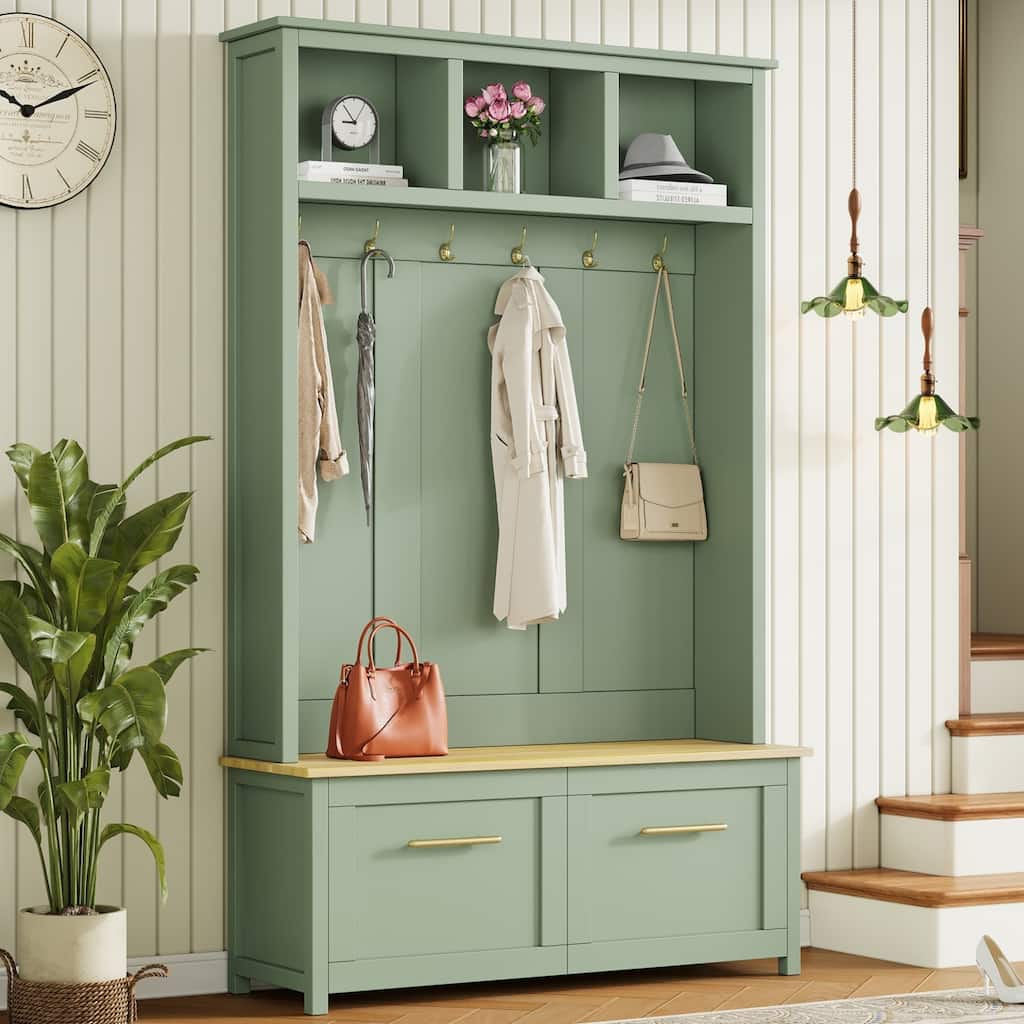 4-in-1 Hall Tree with 6 Golden Hooks Wooden Bench 2 Drawers for Entryway