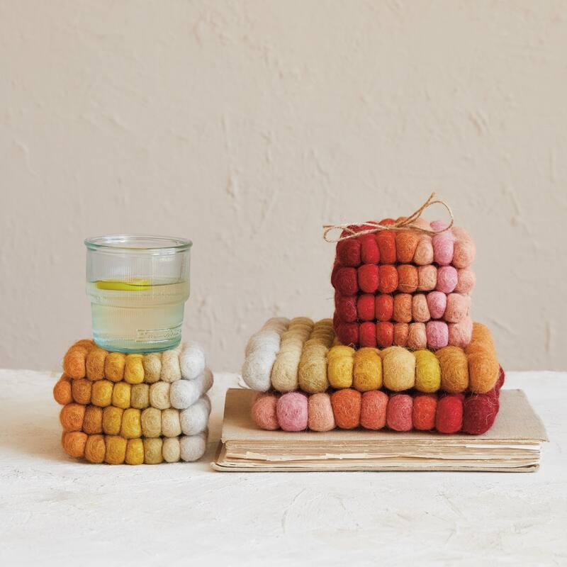 Handmade Wool Felt Ball Coasters, Set of 4 - 4.0"L x 4.0"W x 3.0"H