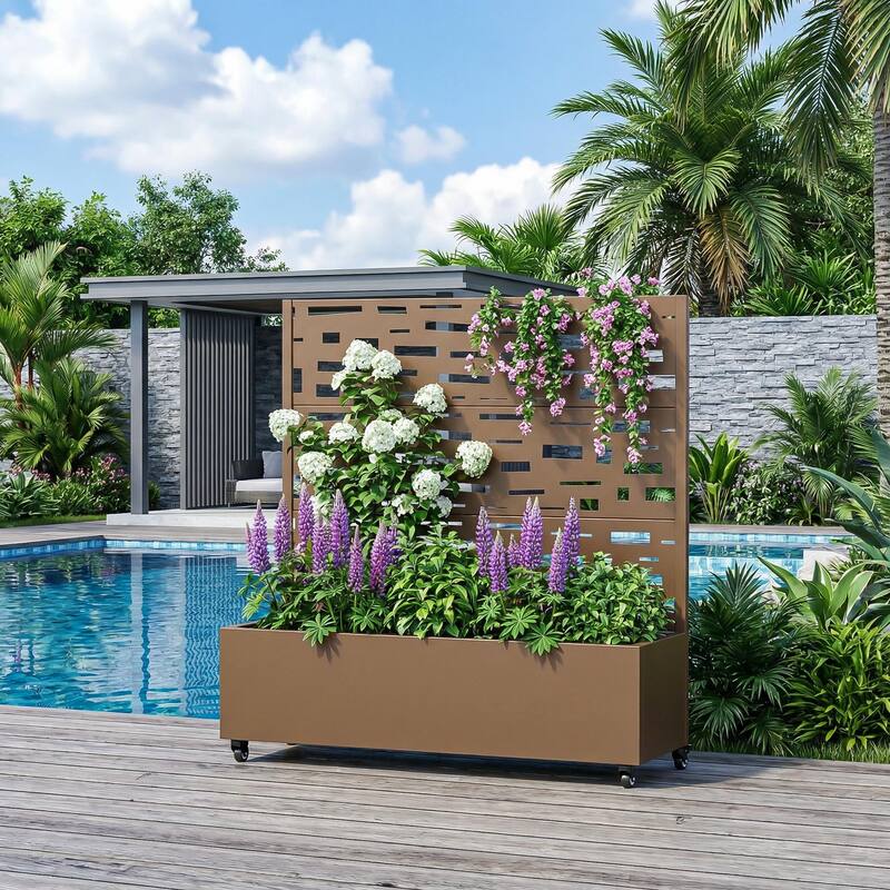 Raised Garden Bed Planter with Trellis Movable Planter Box with Lockable Wheels