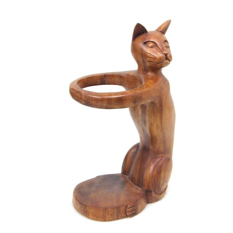 Handmade Wine-Loving Cat Wood Bottle Holder (indonesia) - 9.5" H x 3.9" W x 5" D