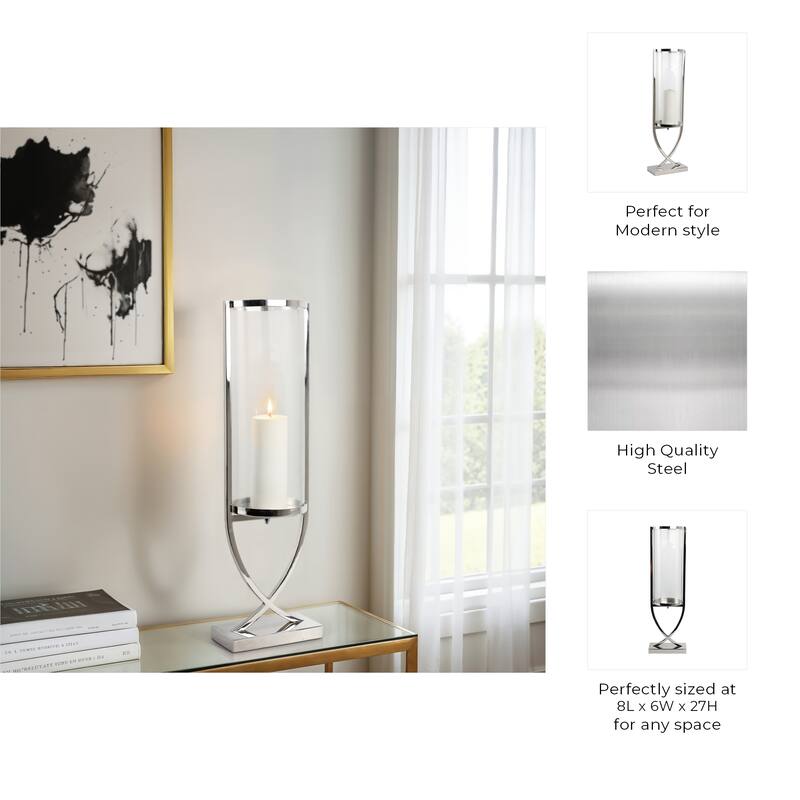 Modern Glass Pillar Candle Holder Decorative Lantern with Steel Frame