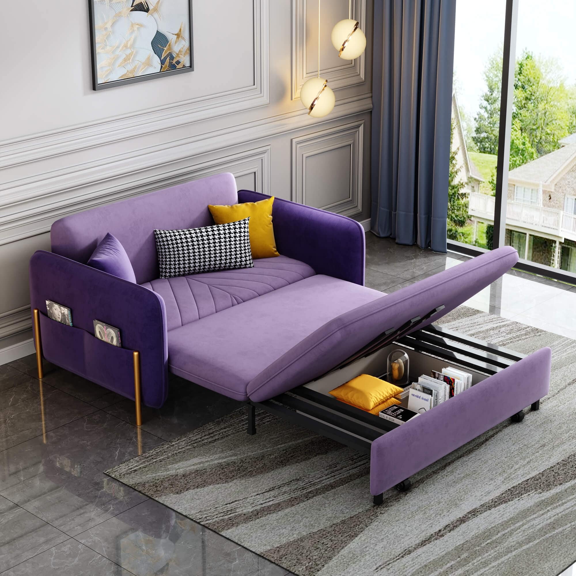 53.5” Full Sleeper Sofa Upholstered Convertible Sofa Bed 3-in-1 Sleeper Sofa Couch, Small Tufted Velvet (purple)