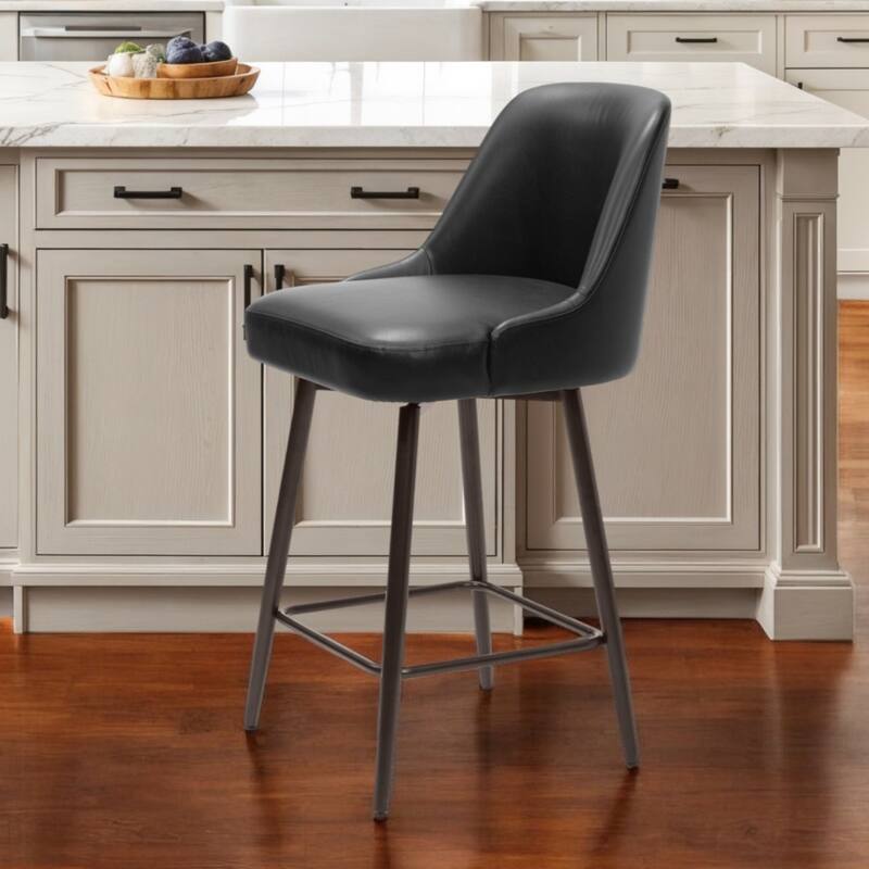 Modern Black Faux Leather Swivel Bar Stool 26" Counter Height Chair with Footrest and Steel Legs - 38.2”H x 19.7”W x 21.7”D